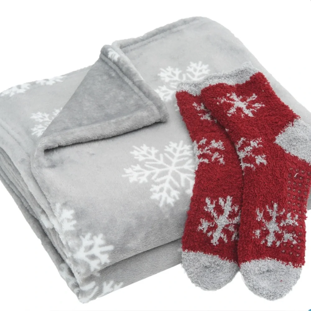 Warm & Cozy Gray and Red Snowflake Blanket and Socks Set